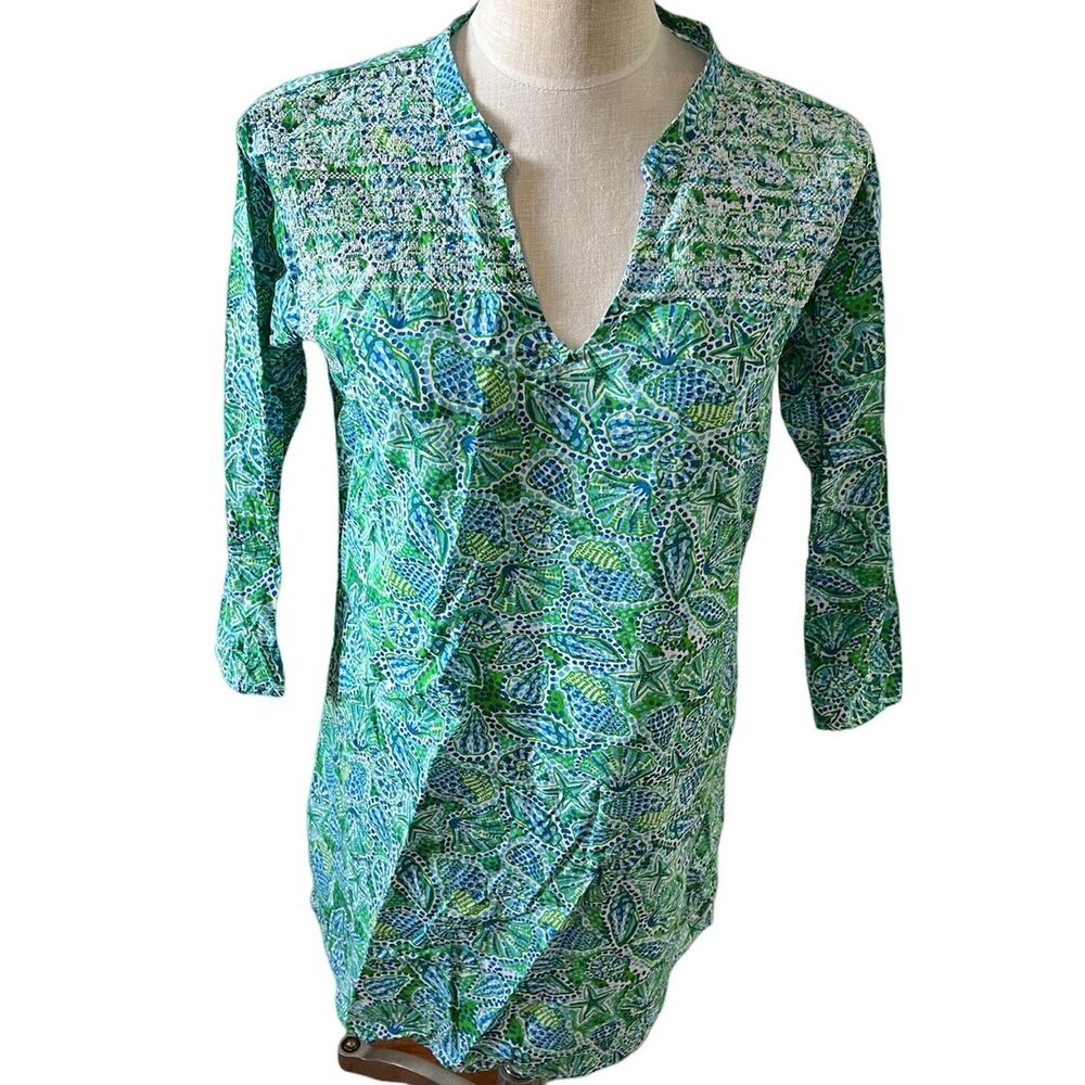 Hatley Preppy Long Sleeve Cover up green and blue shell Print M